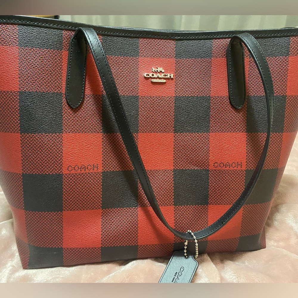 Red Plaid Coach Tote- like new